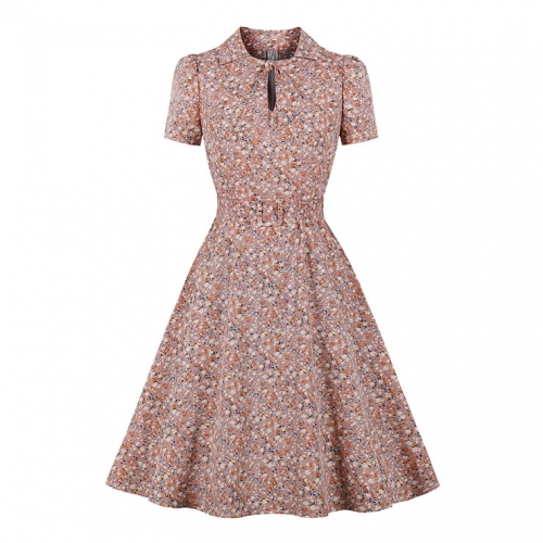Retro Floral Print Lapel Tie Collar Short Sleeve High Waist Rockabilly Daily Swing Dress N22109