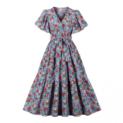 Vintage Floral Print Surplice Neckline Flare Sleeve Rockabilly Party Tiered Dress with Belt N22101