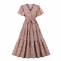 Vintage Floral Print Surplice Neckline Flare Sleeve Rockabilly Party Tiered Dress with Belt N22100