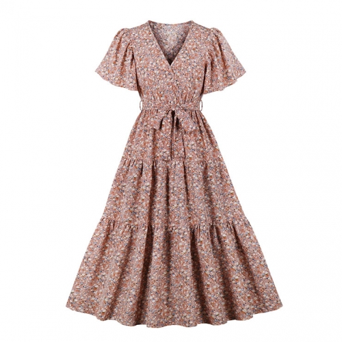 Vintage Floral Print Surplice Neckline Flare Sleeve Rockabilly Party Tiered Dress with Belt N22100