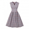 Vintage Floral Print V Neckline Front Button Sleeveless High Waist Cocktail Swing Dress N22099