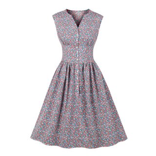 Vintage Floral Print V Neckline Front Button Sleeveless High Waist Cocktail Swing Dress N22099