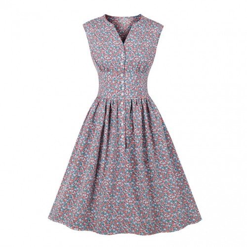 Vintage Floral Print V Neckline Front Button Sleeveless High Waist Cocktail Swing Dress N22099