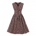 Vintage Floral Print V Neckline Front Button Sleeveless High Waist Cocktail Swing Dress N22097