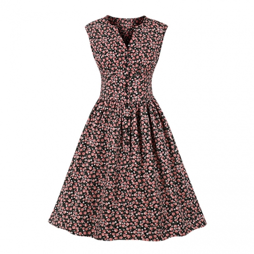 Vintage Floral Print V Neckline Front Button Sleeveless High Waist Cocktail Swing Dress N22097