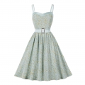 Retro Spaghetti Straps Sweetheart Elastic Bodice Floral Print Summer Swing Dress with Belt N22095