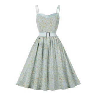 Retro Spaghetti Straps Sweetheart Elastic Bodice Floral Print Summer Swing Dress with Belt N22095