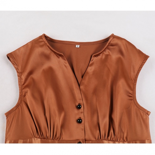 Vintage Rockabilly Glossy V Neckline Front Button Sleeveless High Waist Cocktail Swing Dress N22090
