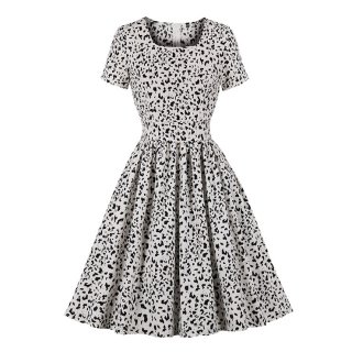 Vintage Leopard Square Neckline Short Sleeve High Waist Daily Casual A-line Dress N22086
