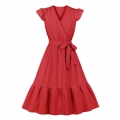 Fashion Surplice Neckline Flutter Sleeve Sash High Waist Ruffle Hem Daily Swing Dress N22058