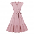 Fashion Surplice Neckline Flutter Sleeve Sash High Waist Ruffle Hem Daily Swing Dress N22057