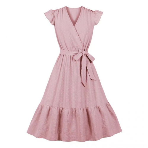 Fashion Surplice Neckline Flutter Sleeve Sash High Waist Ruffle Hem Daily Swing Dress N22057