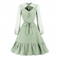 Vintage Lace-up Cut-out Bodice Long Sleeves Sashed High Waist Cocktail Party A-line Dress N22049