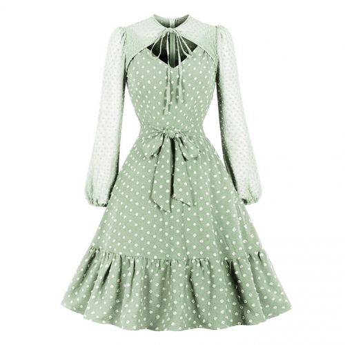 Vintage Lace-up Cut-out Bodice Long Sleeves Sashed High Waist Cocktail Party A-line Dress N22049