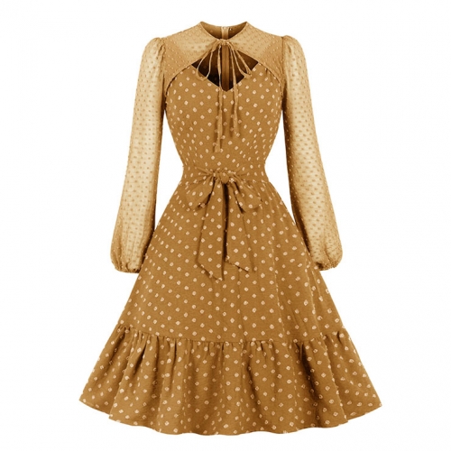 Vintage Lace-up Cut-out Bodice Long Sleeves Sashed High Waist Cocktail Party A-line Dress N22046