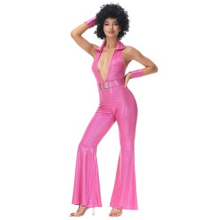 3pcs Disco Dancing Queen Halter Bell-bottoms Jumpsuit Fancy Ball Adult Cosplay Costume N22024