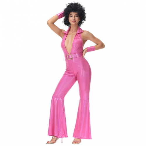 3pcs Disco Dancing Queen Halter Bell-bottoms Jumpsuit Fancy Ball Adult Cosplay Costume N22024