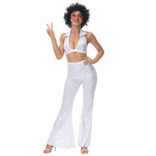 70s Disco Dancing Queen Halter Bra Top and Bell-bottoms Trousers Adult Cosplay Costume N22022