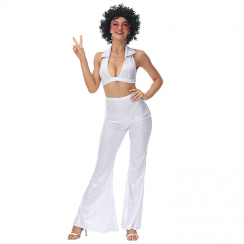 70s Disco Dancing Queen Halter Bra Top and Bell-bottoms Trousers Adult Cosplay Costume N22022