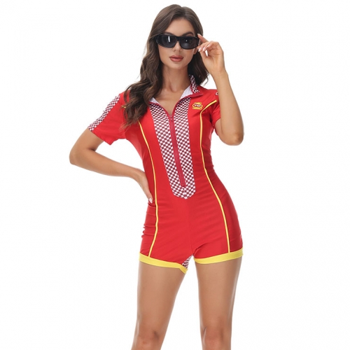 Sexy Checkered Print Bodysuit One-piece Hot Racer Girl Cosplay Costume N22021
