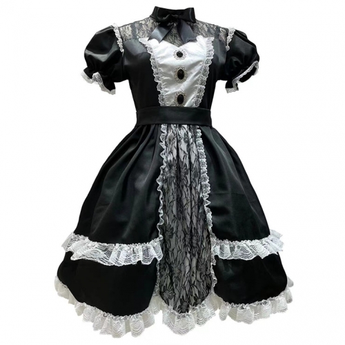 3pcs Gothic Black French Maid Ruffle Trim Puff Sleeve Mini Dress Anime Lolita Cosplay Costume N22019