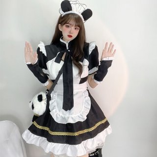 5pcs Adorable Panda Girl Cosplay Maid Puff Sleeve Mini Dress Anime Lolita Costume N22018