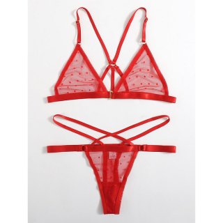 Sexy See-through Mesh Spaghetti Straps Triangle Bra and Strappy Thong Valentines Lingerie N22008