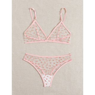 Sexy See-through Mesh Sweetheart Print Spaghetti Straps Bra and Panties Sleepwear Lingerie N22003