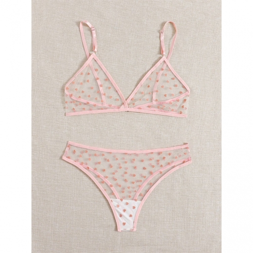 Sexy See-through Mesh Sweetheart Print Spaghetti Straps Bra and Panties Sleepwear Lingerie N22003