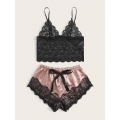 Sexy See-through Lace Spaghetti Straps Top and Soft Imitated Silk Panties Sleepwear Lingerie N22002