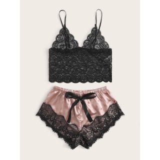Sexy See-through Lace Spaghetti Straps Top and Soft Imitated Silk Panties Sleepwear Lingerie N22002