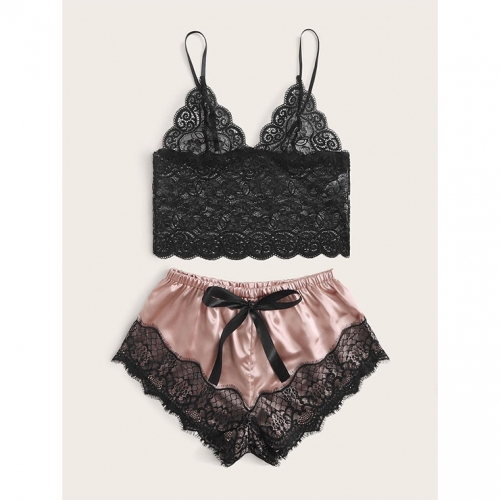 Sexy See-through Lace Spaghetti Straps Top and Soft Imitated Silk Panties Sleepwear Lingerie N22002