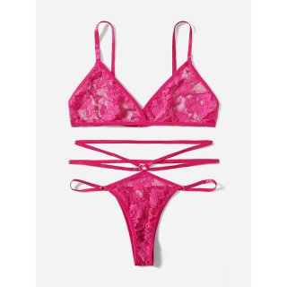 Sexy Spaghetti Straps Bralette and Thong See-through Floral Lace Strappy Underwear Lingerie N21998
