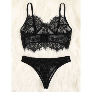 Sexy See-through Thin Lace Spaghetti Straps Bralette and Panties Two-piece Underwear Lingerie N21991