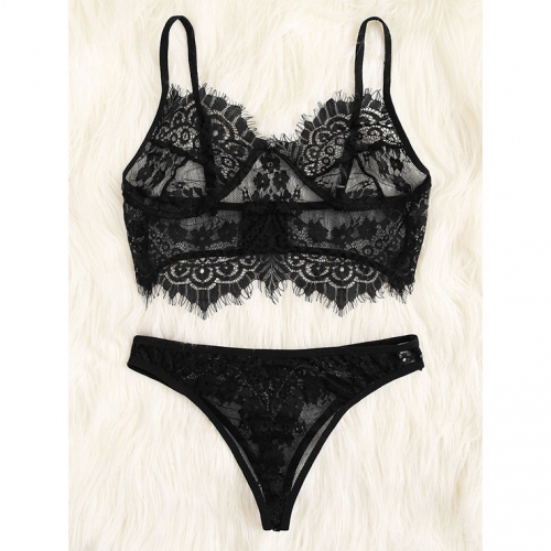 Sexy See-through Thin Lace Spaghetti Straps Bralette and Panties Two-piece Underwear Lingerie N21991