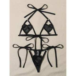 Erotic Cupless Halter Bra and Thong Heart Sharp Nipple Covers Strappy Valentines Lingerie N21983