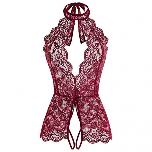 Sexy Halter Cut-out Crotchless Elastic See-through Lace Backless Valentines Teddies Lingerie N21967