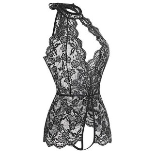 Sexy Halter Cut-out Crotchless Elastic See-through Lace Backless Bodysuit Teddies Lingerie N21966