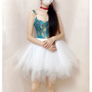 Retro Brocade 14 Steel Bones Wide Straps Overbust Corset with Multi-layered Mesh Tutu Skirt N21922