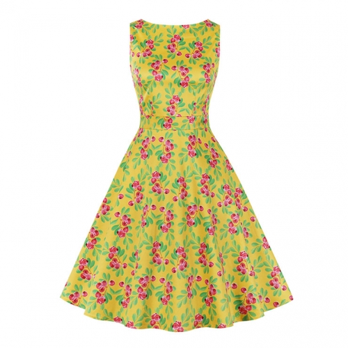 Vintage Cherry Print Round Neckline Sleeveless High Waist Summer Cocktail Swing Dress N21865