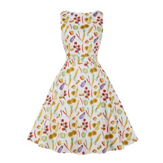 Retro Rockabilly Vegetable Print Round Neckline Sleeveless High Waist Summer Swing Dress N21863
