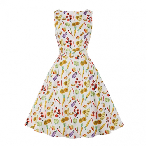 Retro Rockabilly Vegetable Print Round Neckline Sleeveless High Waist Summer Swing Dress N21863