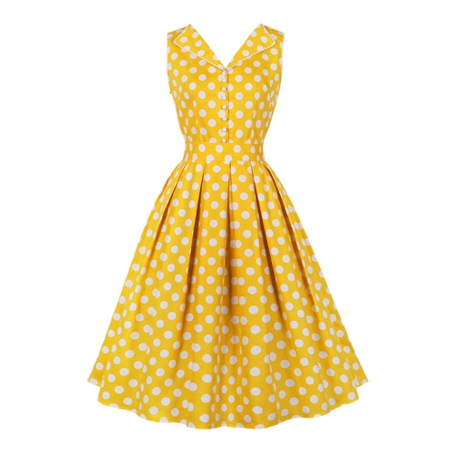 1950s Vintage Lapel and V Back Button Bodice Polka Dots Sleeveless Cocktail Swing Dress N21849