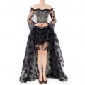 Victorian Gothic Plastic Boned Floral Lace Overbust Corset with Organza High Low Skirt Sets N21840