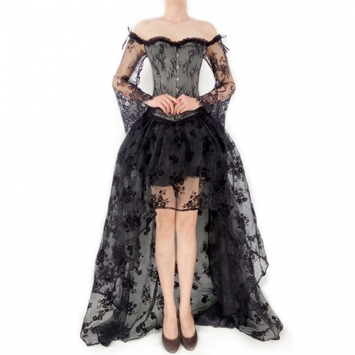 Victorian Gothic Plastic Boned Floral Lace Overbust Corset with Organza High Low Skirt Sets N21840