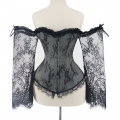 Women's Sexy Gothic Plastic Boned Off-shoulder Overbust Corset with Long Floral Lace Sleeve N21837