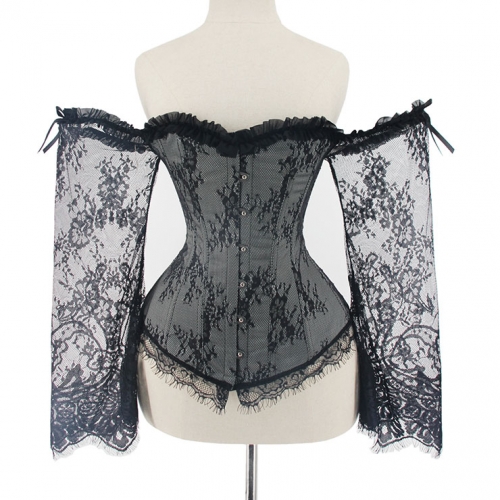 Women's Sexy Gothic Plastic Boned Off-shoulder Overbust Corset with Long Floral Lace Sleeve N21837