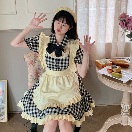 4pcs Adorable French Maid Ruffle Apron Puff Sleeve Mini Dress Anime Lolita Cosplay Costume N21828