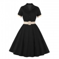 1960s Retro Solid Color Lapel Short Sleeves High Waist Cocktail Swing Dress With Belt N21714