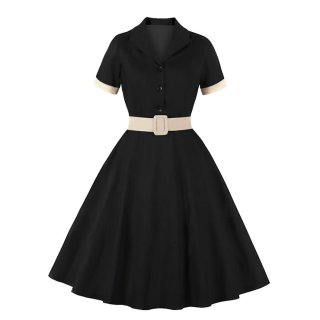 1960s Retro Solid Color Lapel Short Sleeves High Waist Cocktail Swing Dress With Belt N21714